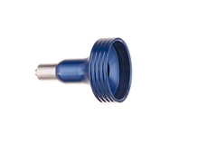 A blue Toomey adapter for syringe designed for connecting cannula or transfer, made of aluminum.