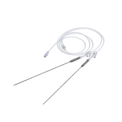 A medical device consisting of two long, thin needles attached to a coiled, clear tubing with luer lock connectors at one end.