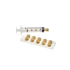 A medical syringe shown with 10 replacement caps alongside it.