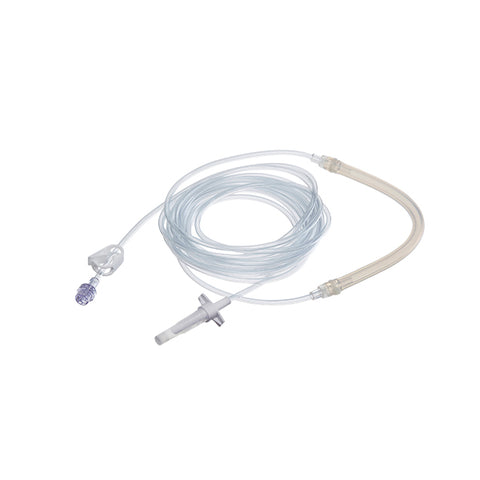 A coiled clear plastic tubing set designed for medical use, featuring a luer lock and clamp above the sleeve.